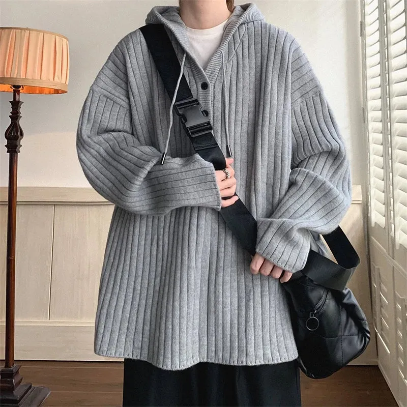 Aidase Winter Clothing Men's Luxury Knitted Hooded Pullover Sweater Casual Streetwear Button-down Solid Color Long Sleeve Hoodie