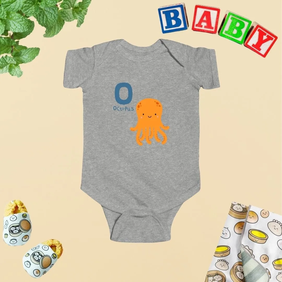 Animal Alphabet - O for Octopus Baby Bodysuit - Unisex Graphic Bodysuit for Babies