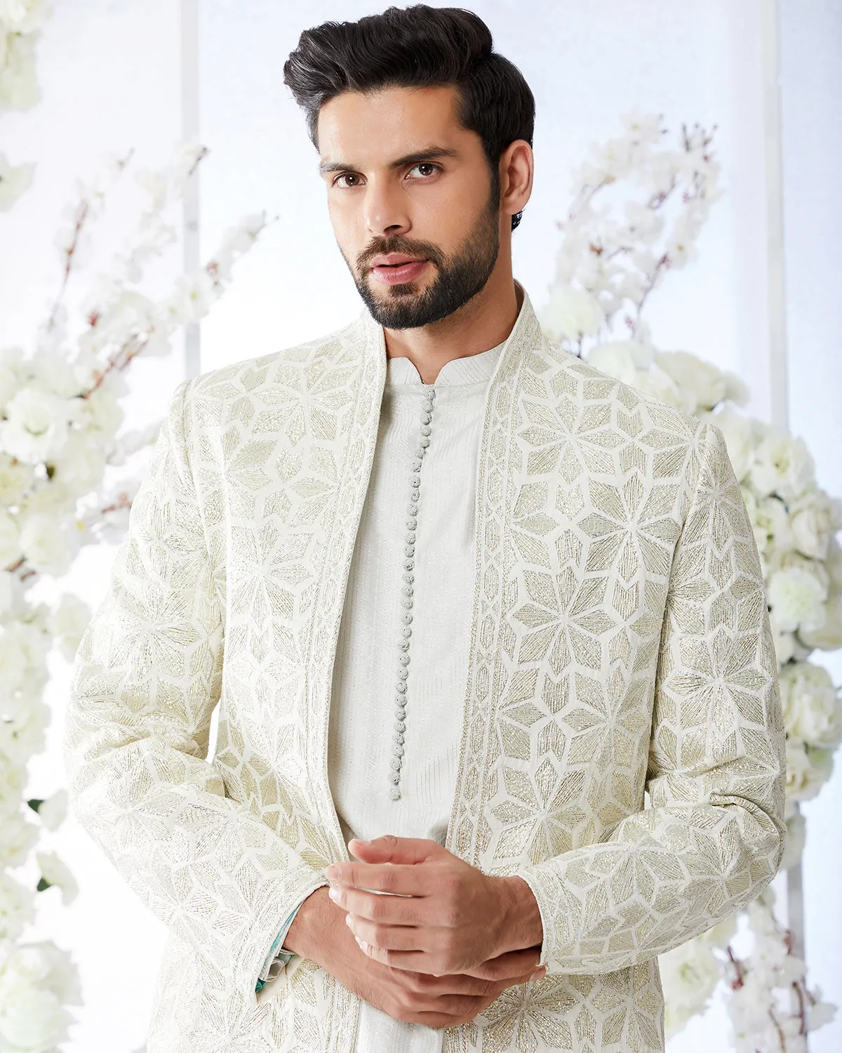 Antique Silver Open Sherwani Set