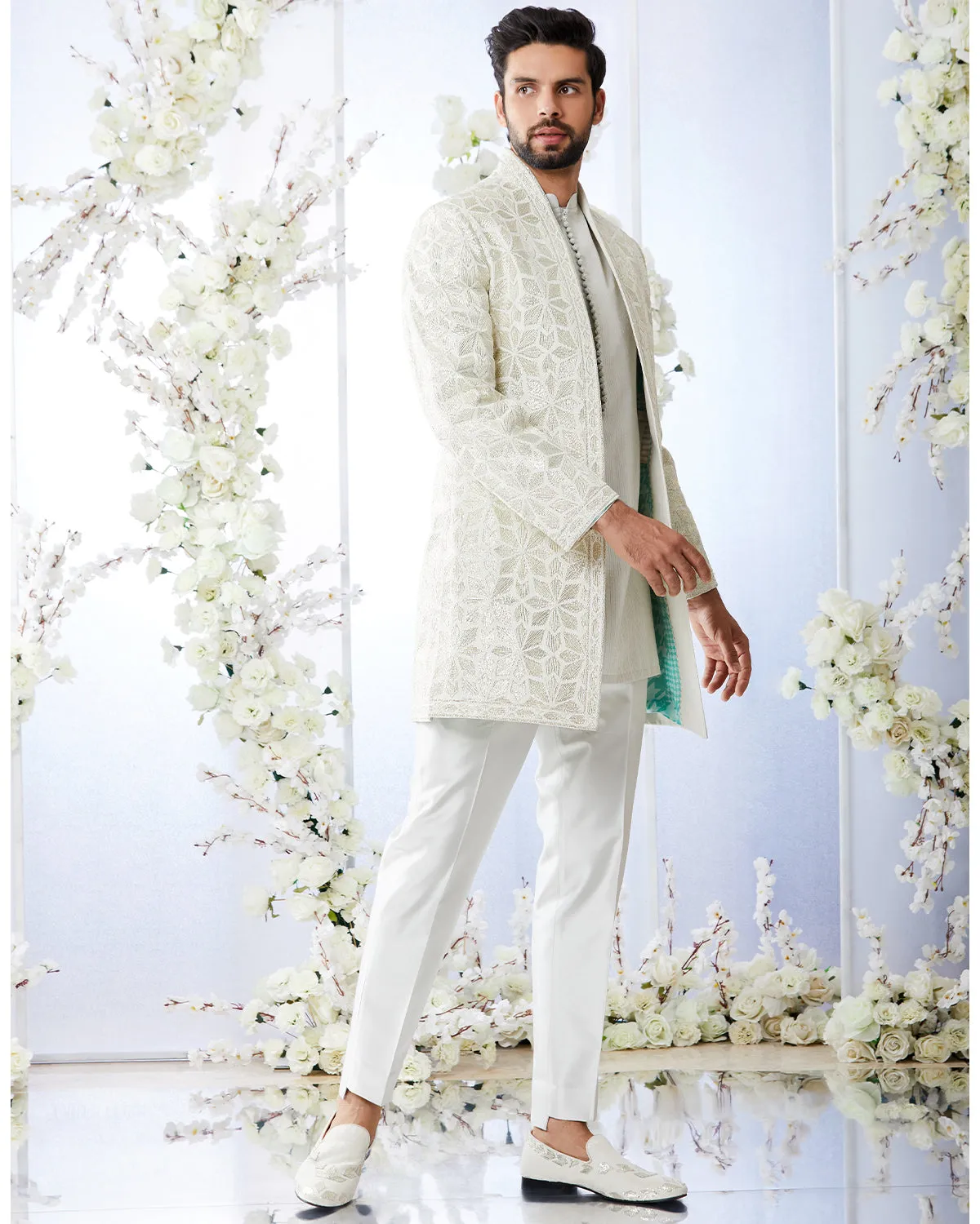 Antique Silver Open Sherwani Set