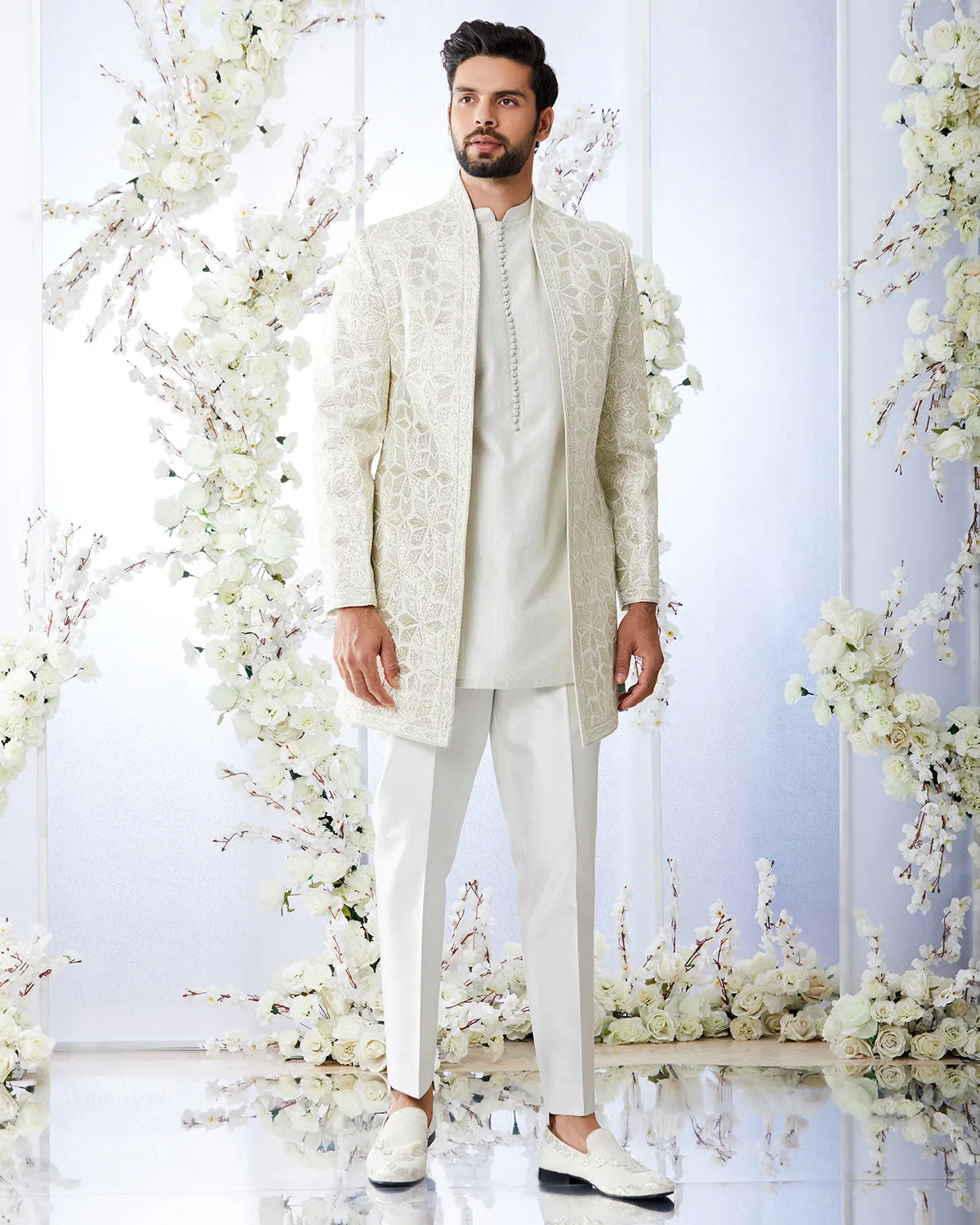 Antique Silver Open Sherwani Set