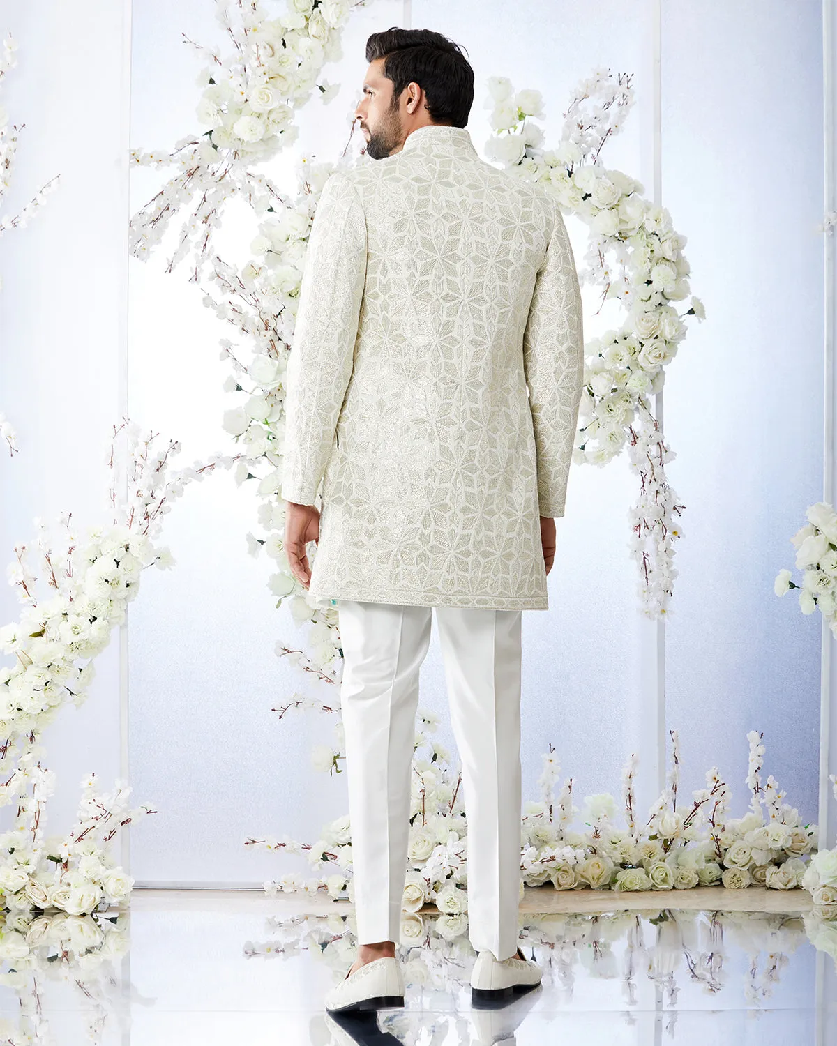 Antique Silver Open Sherwani Set