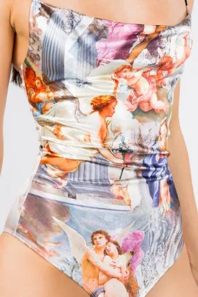 Baroque Scene Cowl Neck Satin Bodysuit