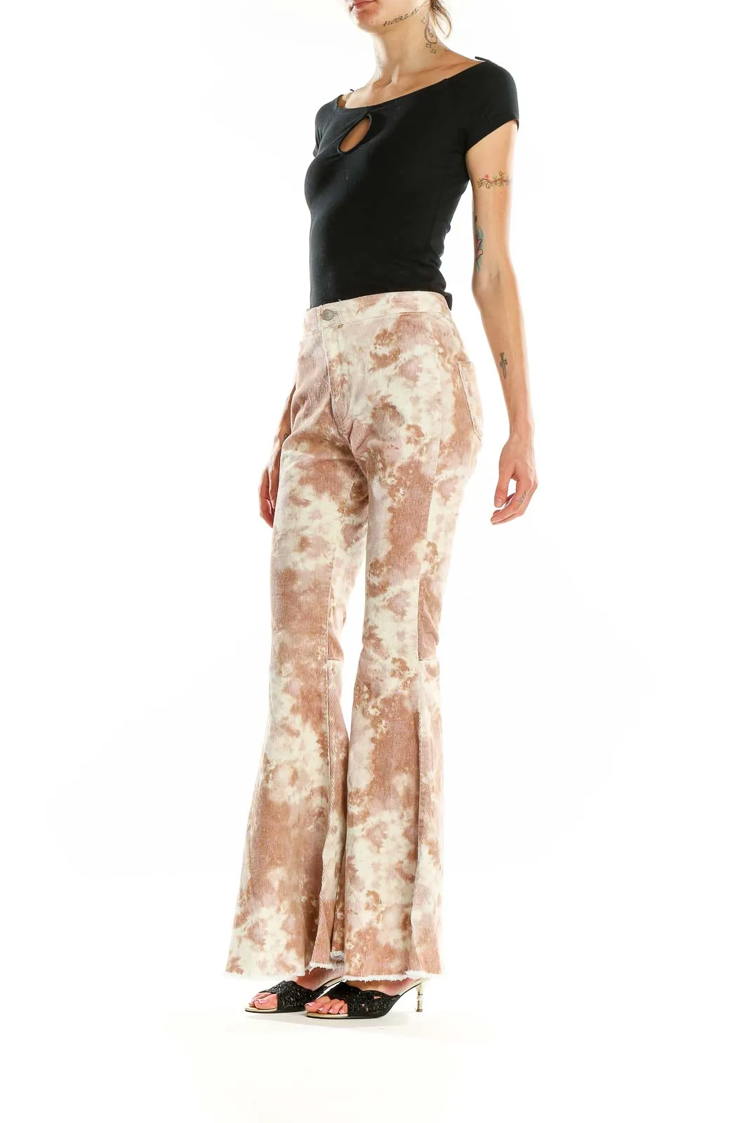 Beige Tie-Dye Flared Pants