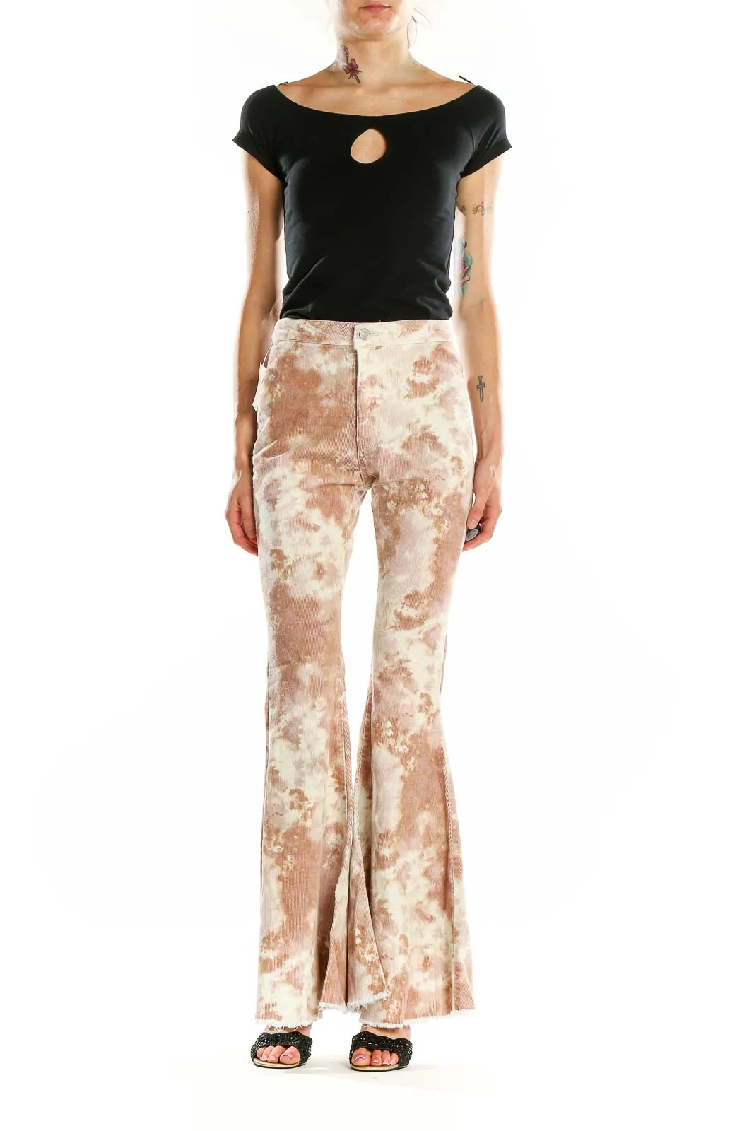 Beige Tie-Dye Flared Pants
