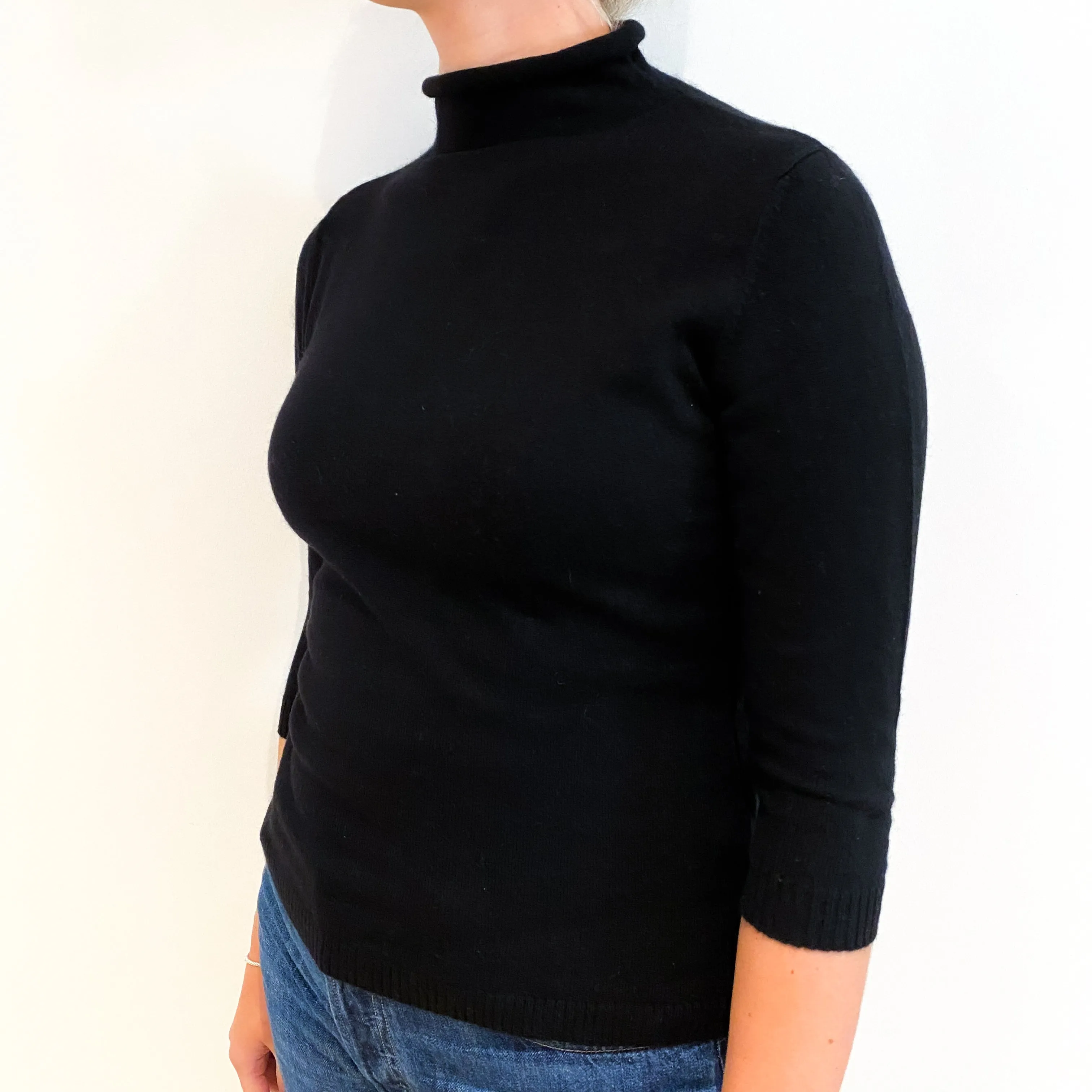 Black Cashmere Turtleneck 3/4 Sleeve Jumper Small