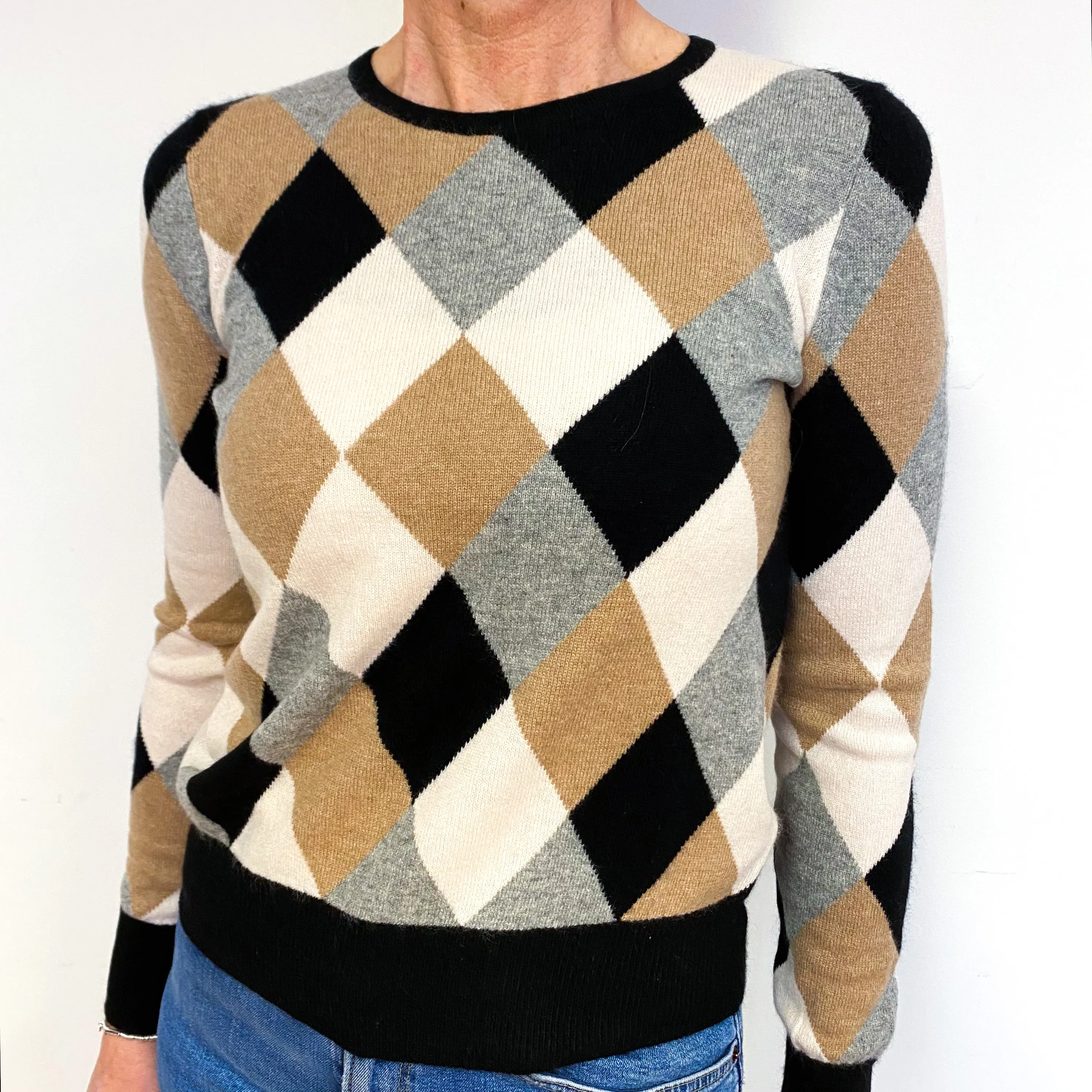 Black, Grey, Biscuit Brown and Oatmeal Cream Cashmere Crew Neck Jumper Medium