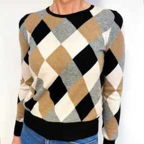 Black, Grey, Biscuit Brown and Oatmeal Cream Cashmere Crew Neck Jumper Medium