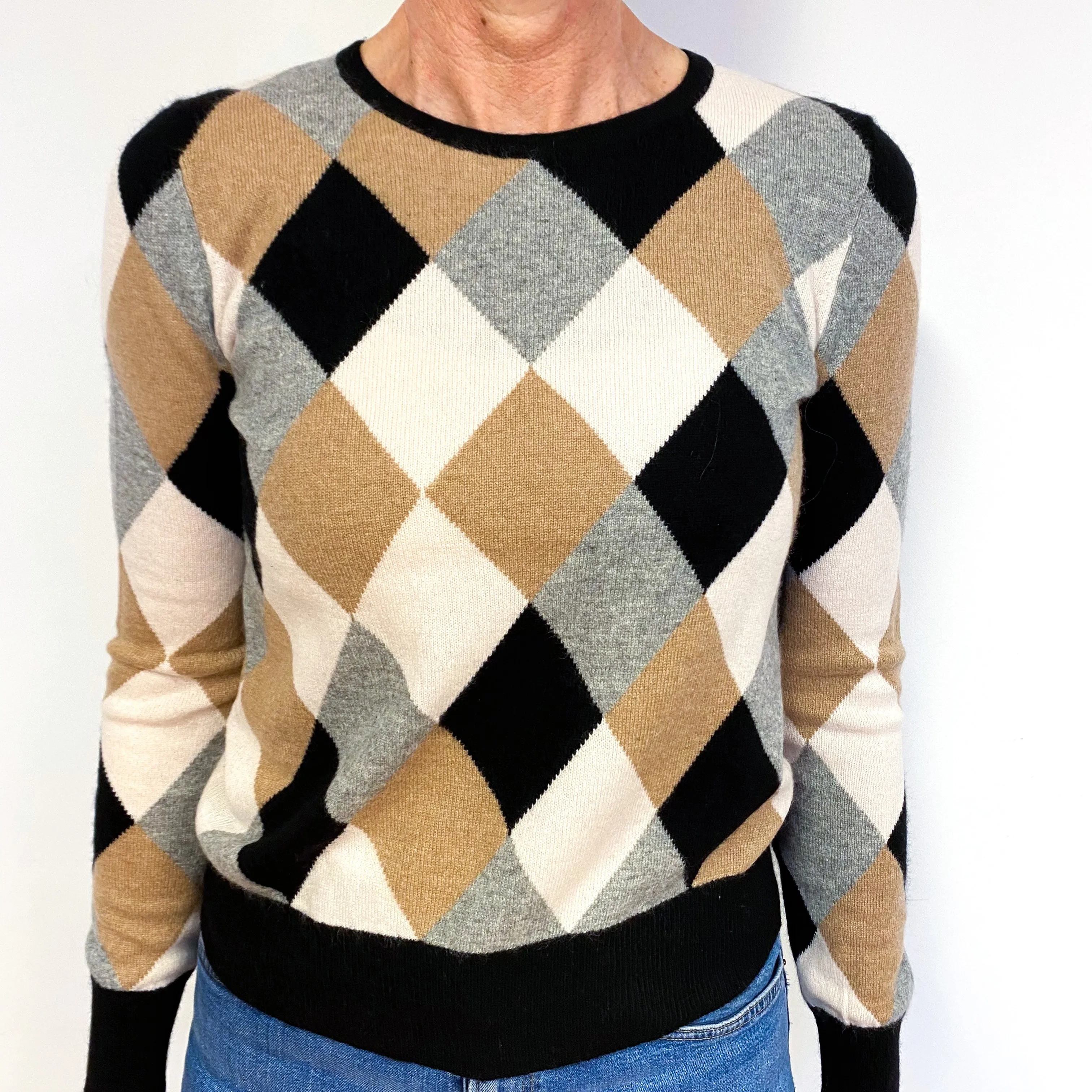 Black, Grey, Biscuit Brown and Oatmeal Cream Cashmere Crew Neck Jumper Medium