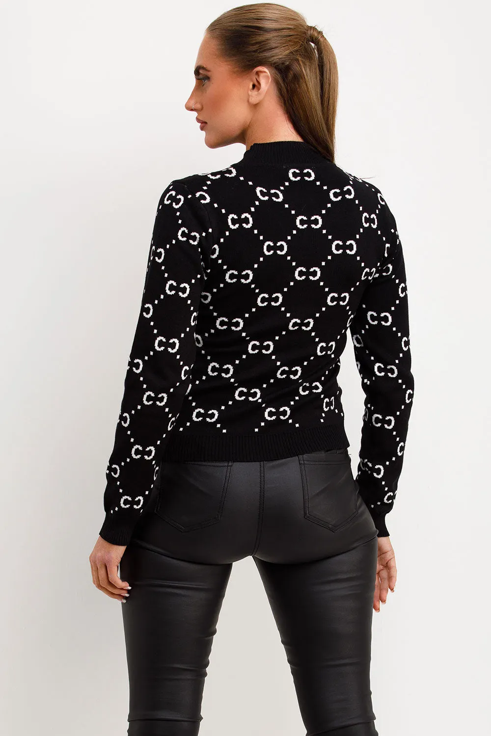 Black Knitted Jumper With Gold Button CC Print