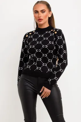 Black Knitted Jumper With Gold Button CC Print