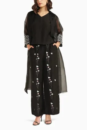 Black Organza Jacket with Embroidered Sleeves and Printed Flared Pants