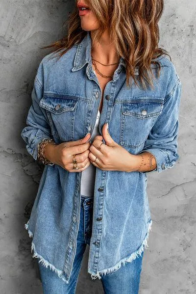 Button Up Pocketed Raw Hem Denim Jacket