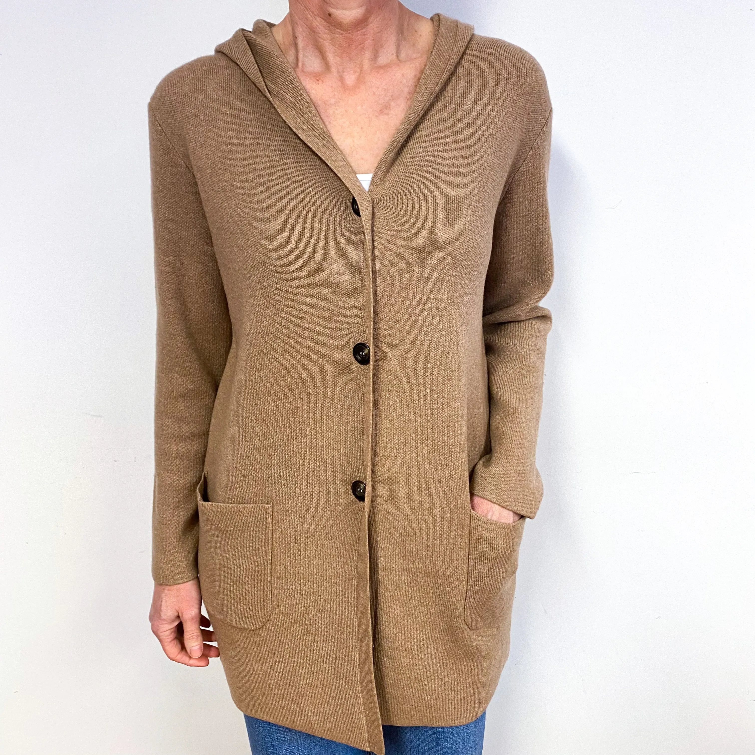 Camel Brown Heavy knit Cashmere Hooded Cardigan Medium