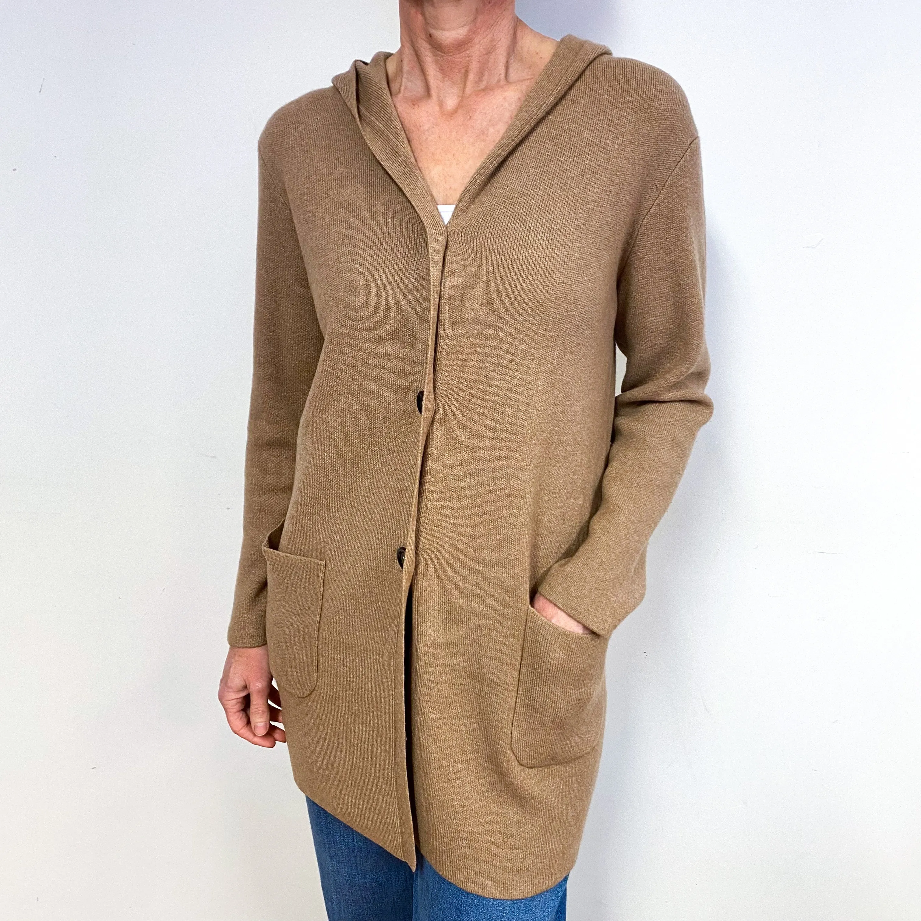 Camel Brown Heavy knit Cashmere Hooded Cardigan Medium