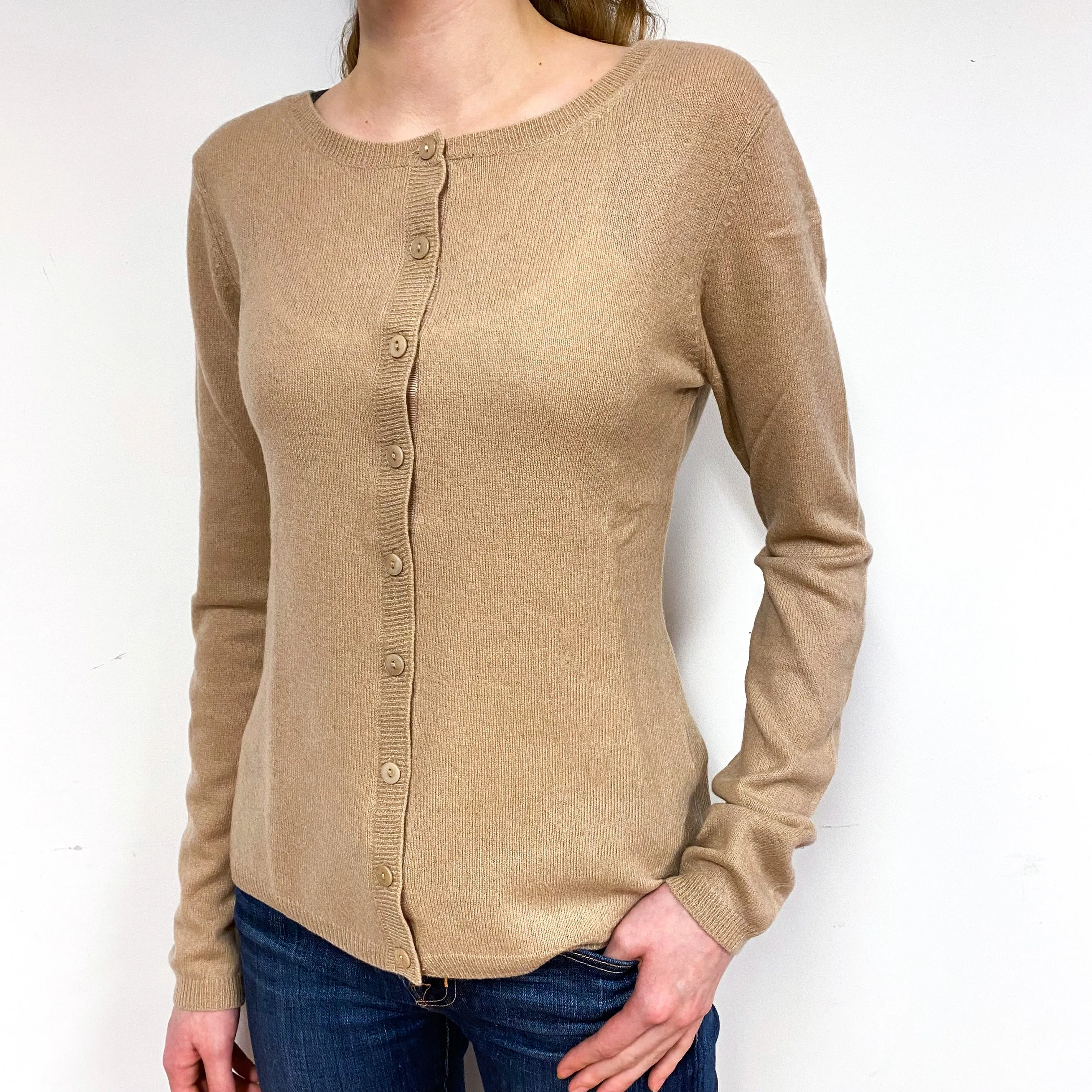 Caramel Brown Cashmere Crew Neck Cardigan Extra Small