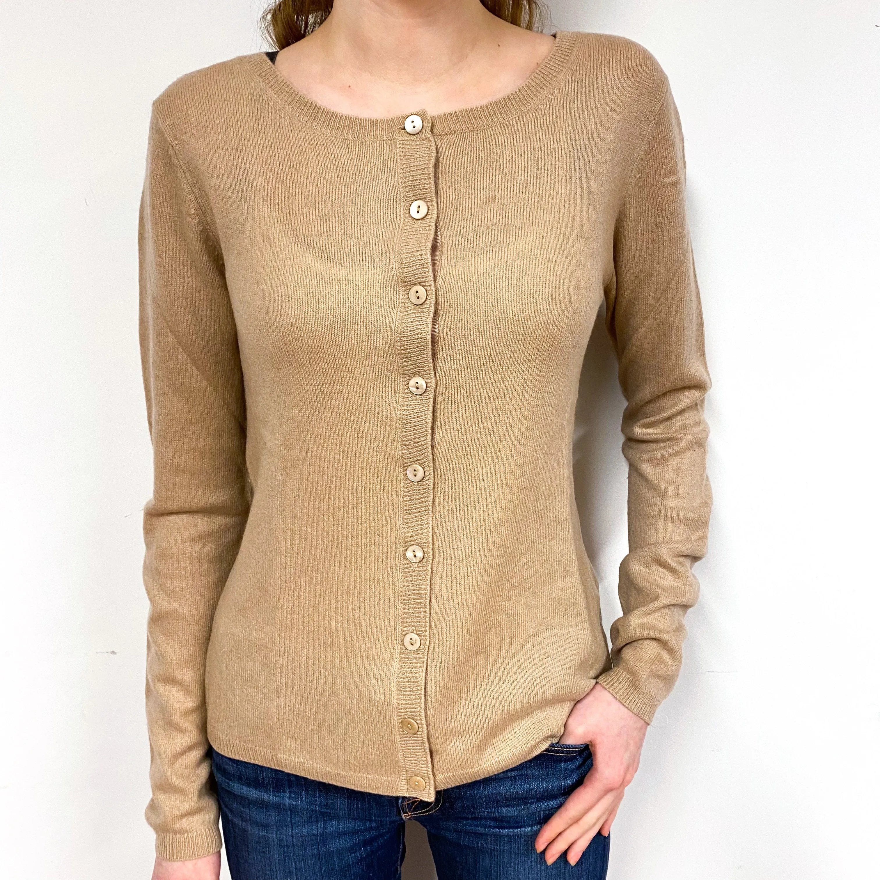 Caramel Brown Cashmere Crew Neck Cardigan Extra Small
