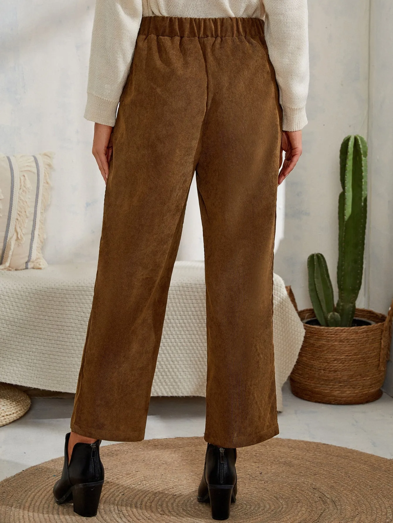 Casual Plain Pocket High Waist Long Women Pants