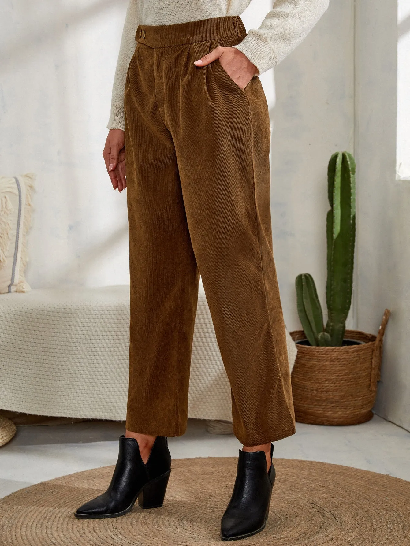 Casual Plain Pocket High Waist Long Women Pants