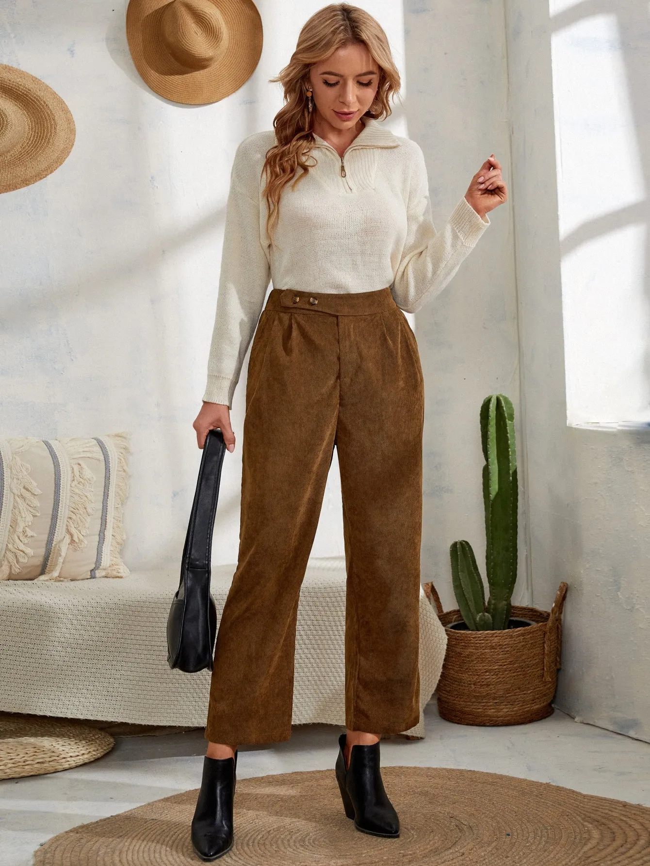 Casual Plain Pocket High Waist Long Women Pants