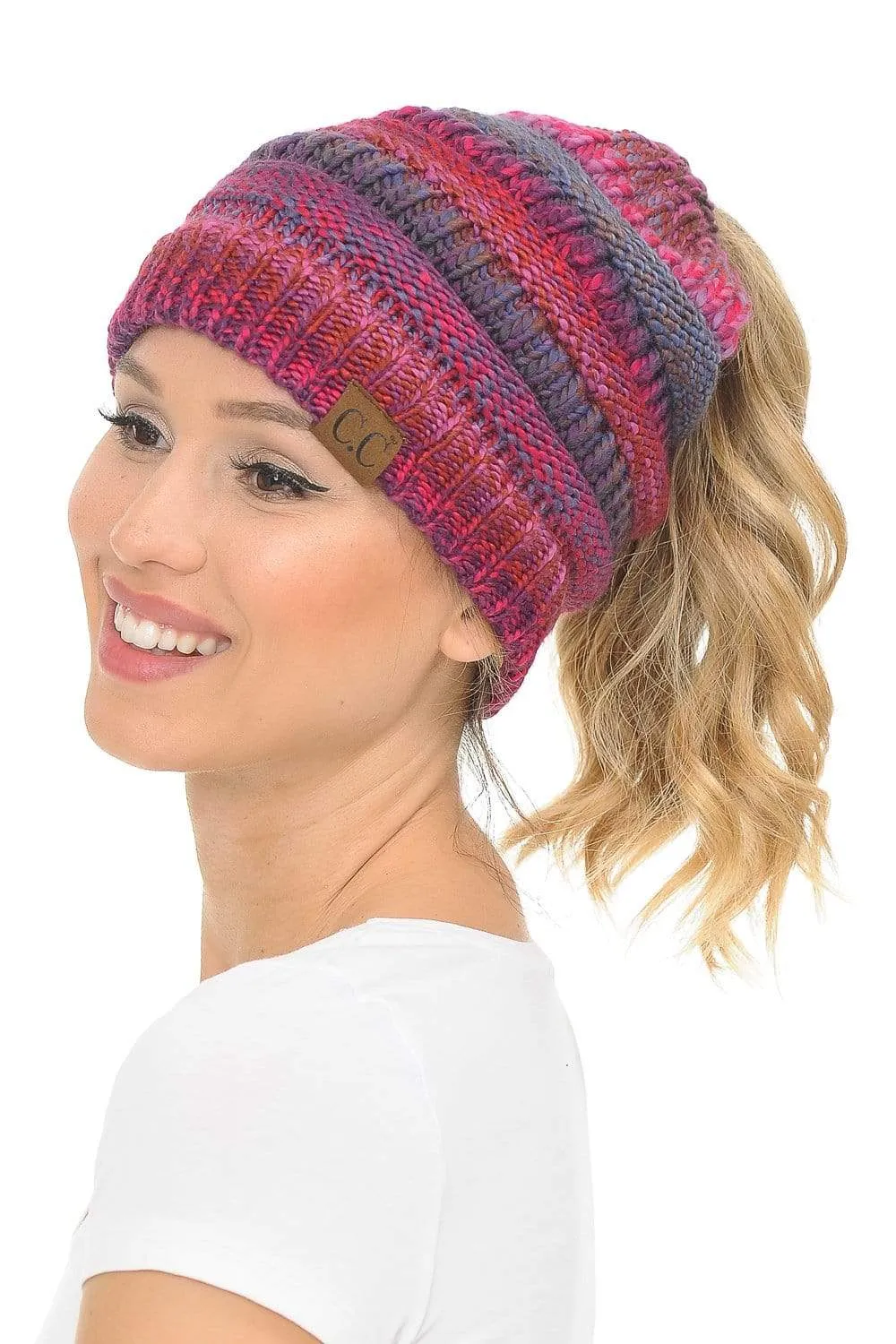 C.C MB705 - Soft Stretch Cable Knit Warm Hat High Bun Ponytail Multi Color Tribal Beanie