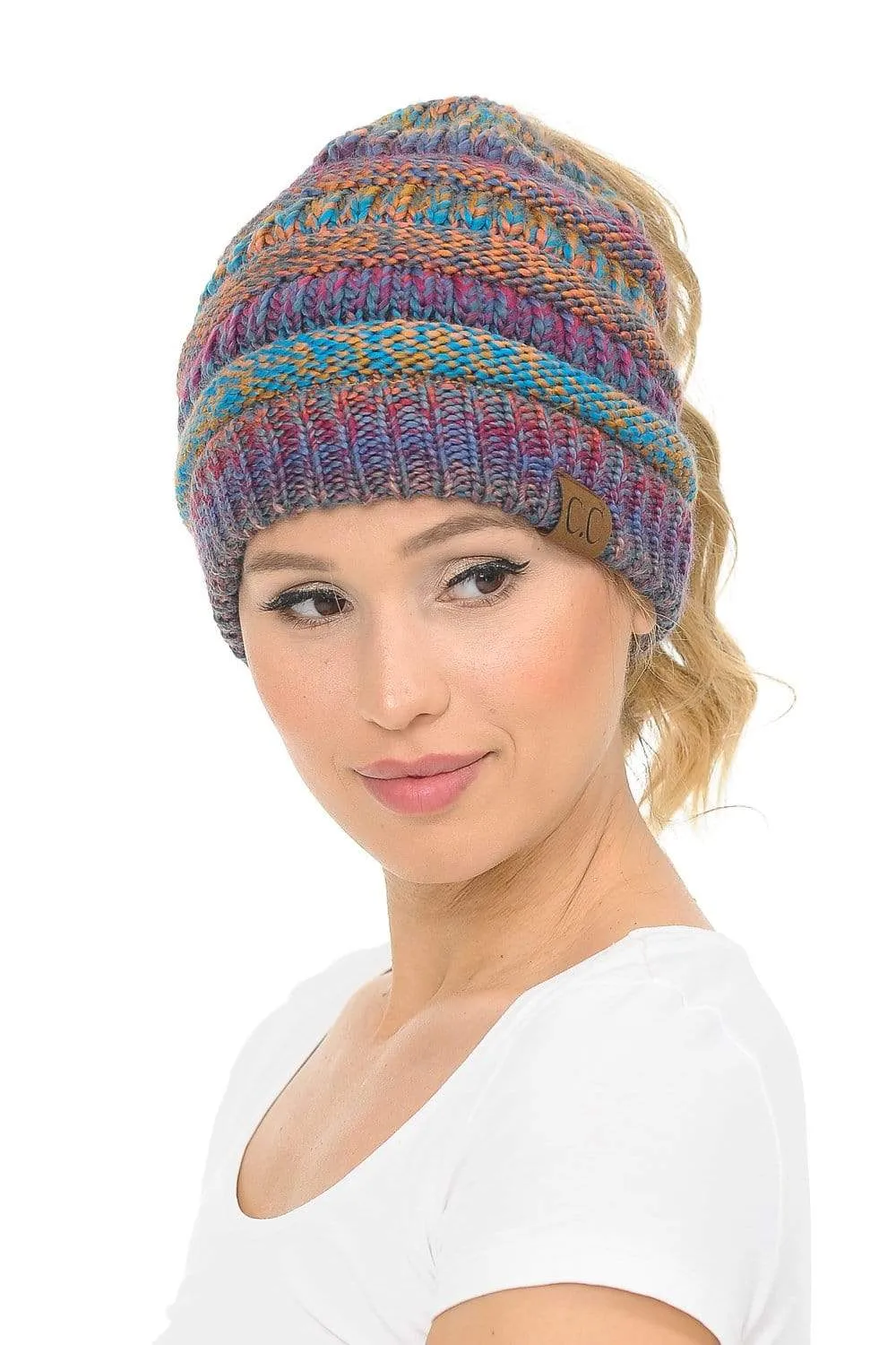C.C MB705 - Soft Stretch Cable Knit Warm Hat High Bun Ponytail Multi Color Tribal Beanie