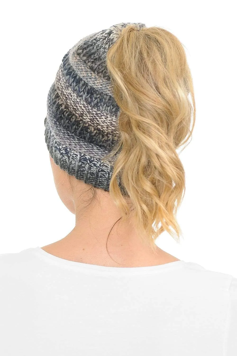 C.C MB705 - Soft Stretch Cable Knit Warm Hat High Bun Ponytail Multi Color Tribal Beanie