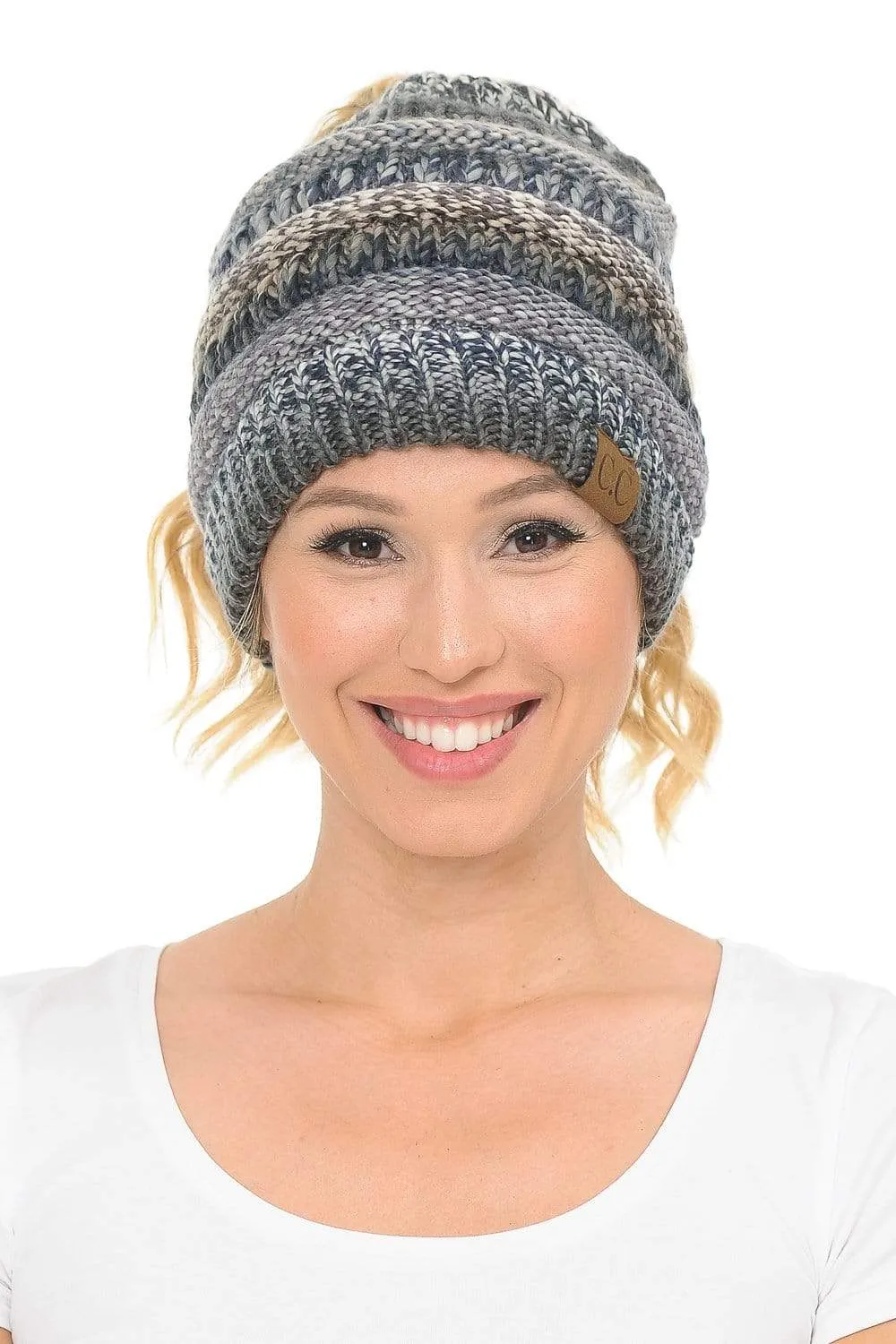 C.C MB705 - Soft Stretch Cable Knit Warm Hat High Bun Ponytail Multi Color Tribal Beanie