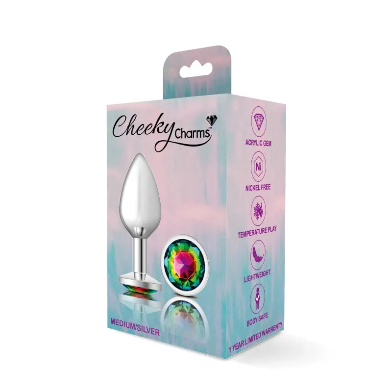Cheeky Charms - Silver Metal Butt Plug - Round - Rainbow - Medium