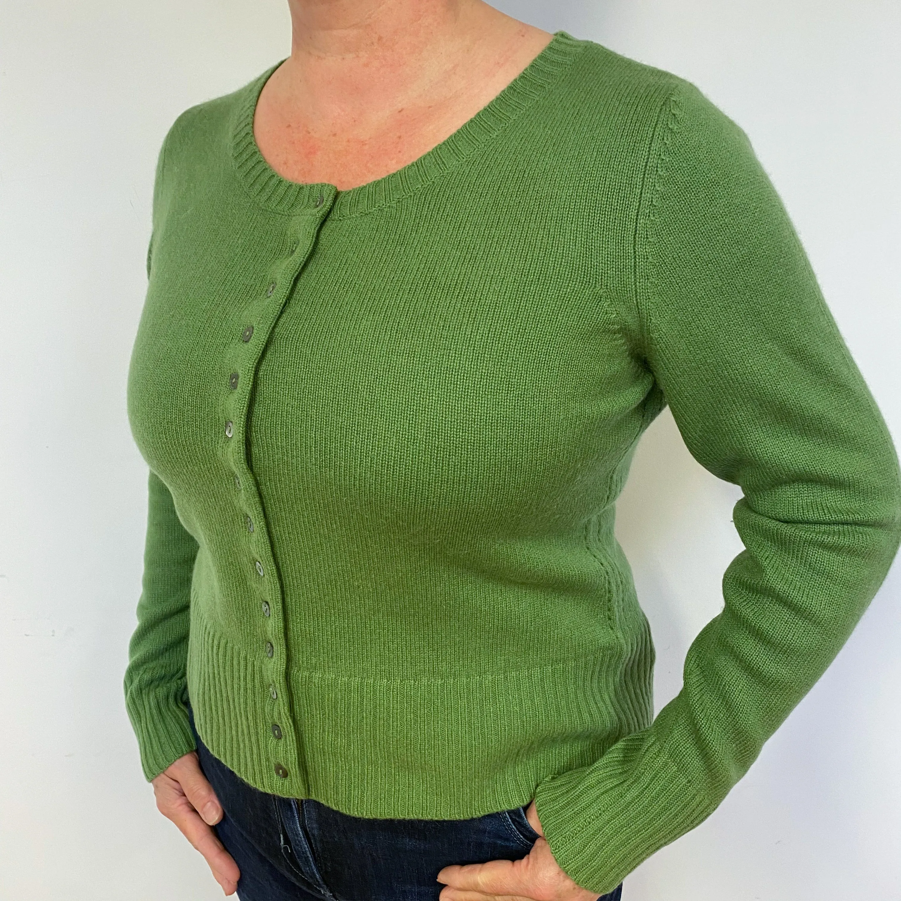 Chunky Fern Green Cashmere Crew Neck Cardigan Large