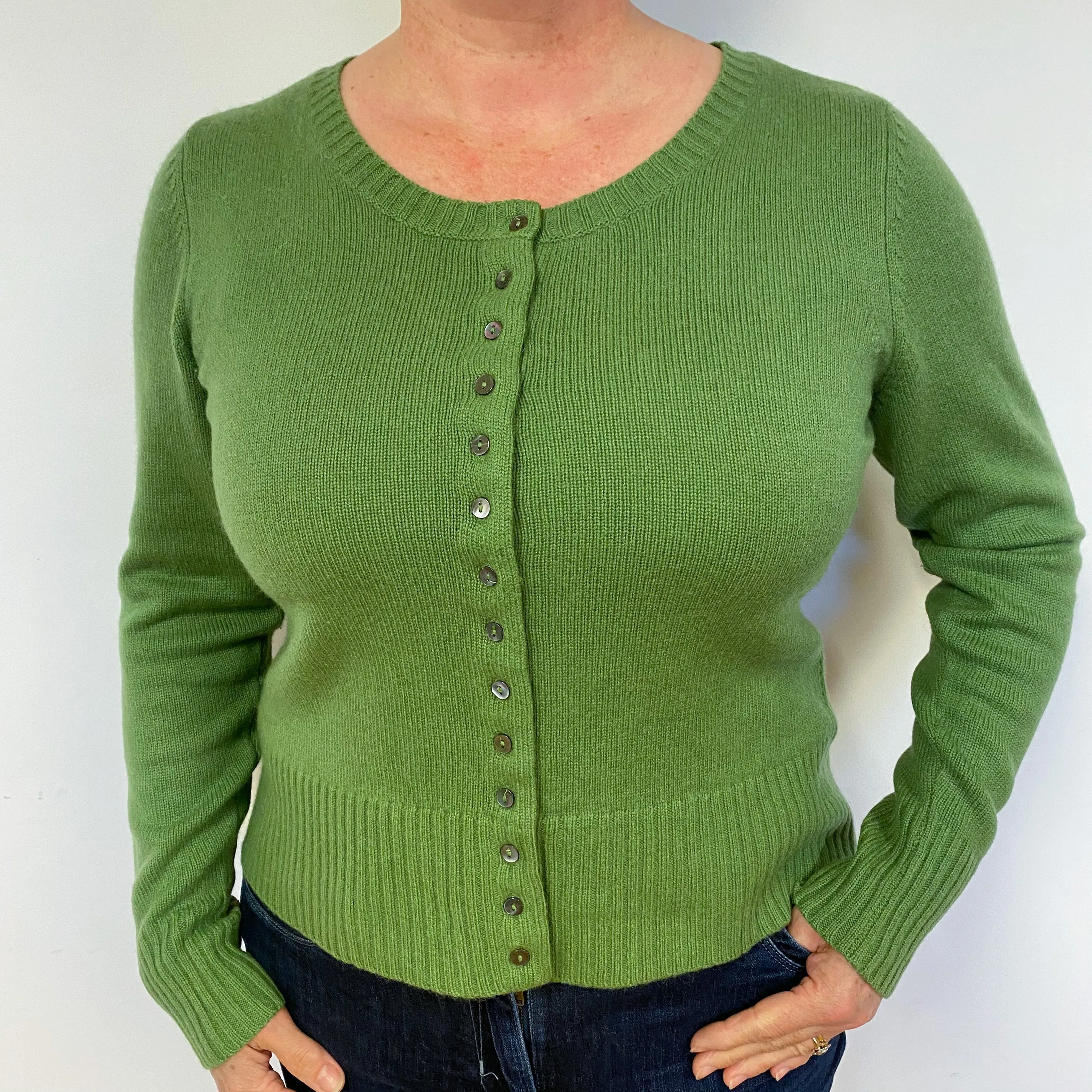 Chunky Fern Green Cashmere Crew Neck Cardigan Large