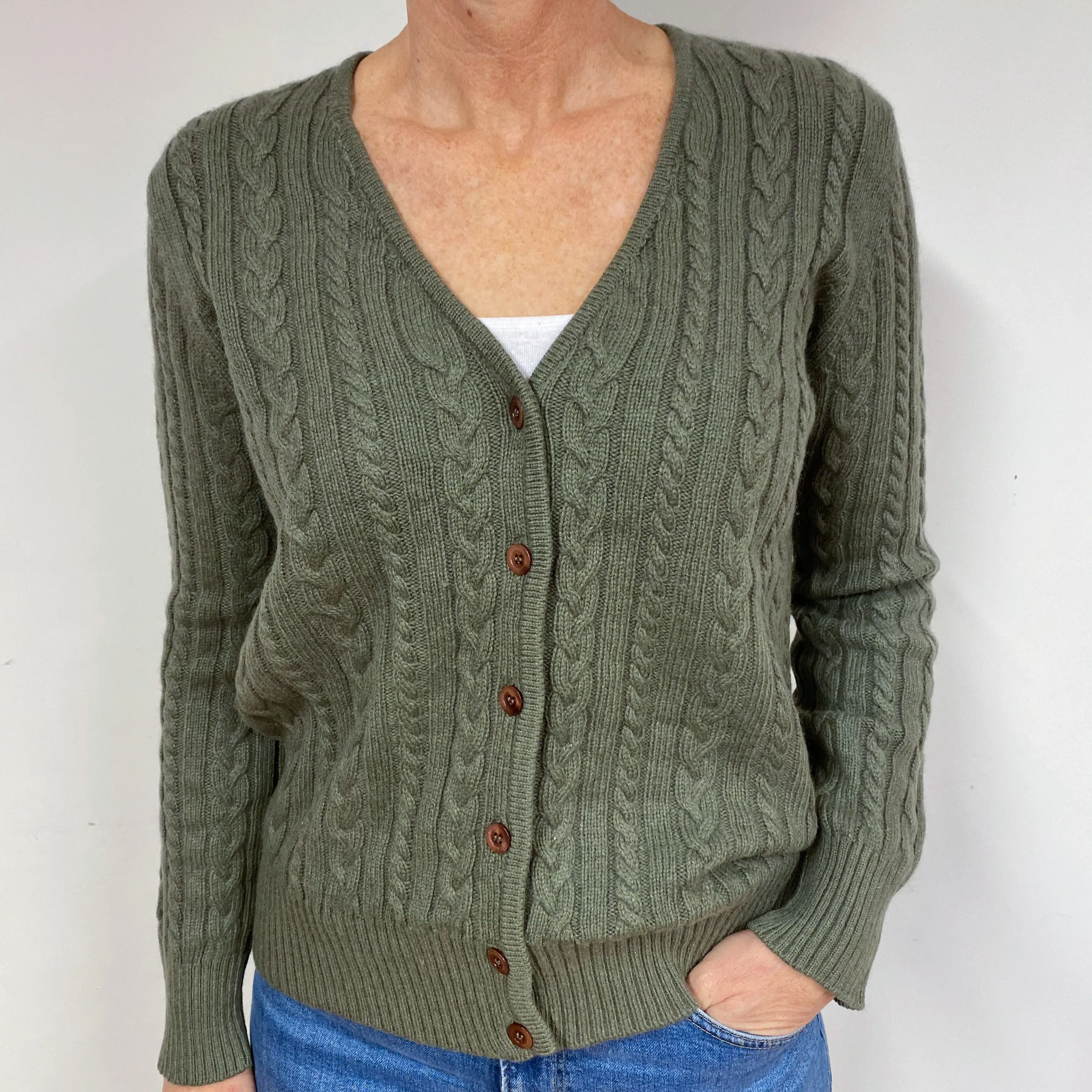Chunky Khaki Green Cable Cashmere V-Neck Cardigan Medium