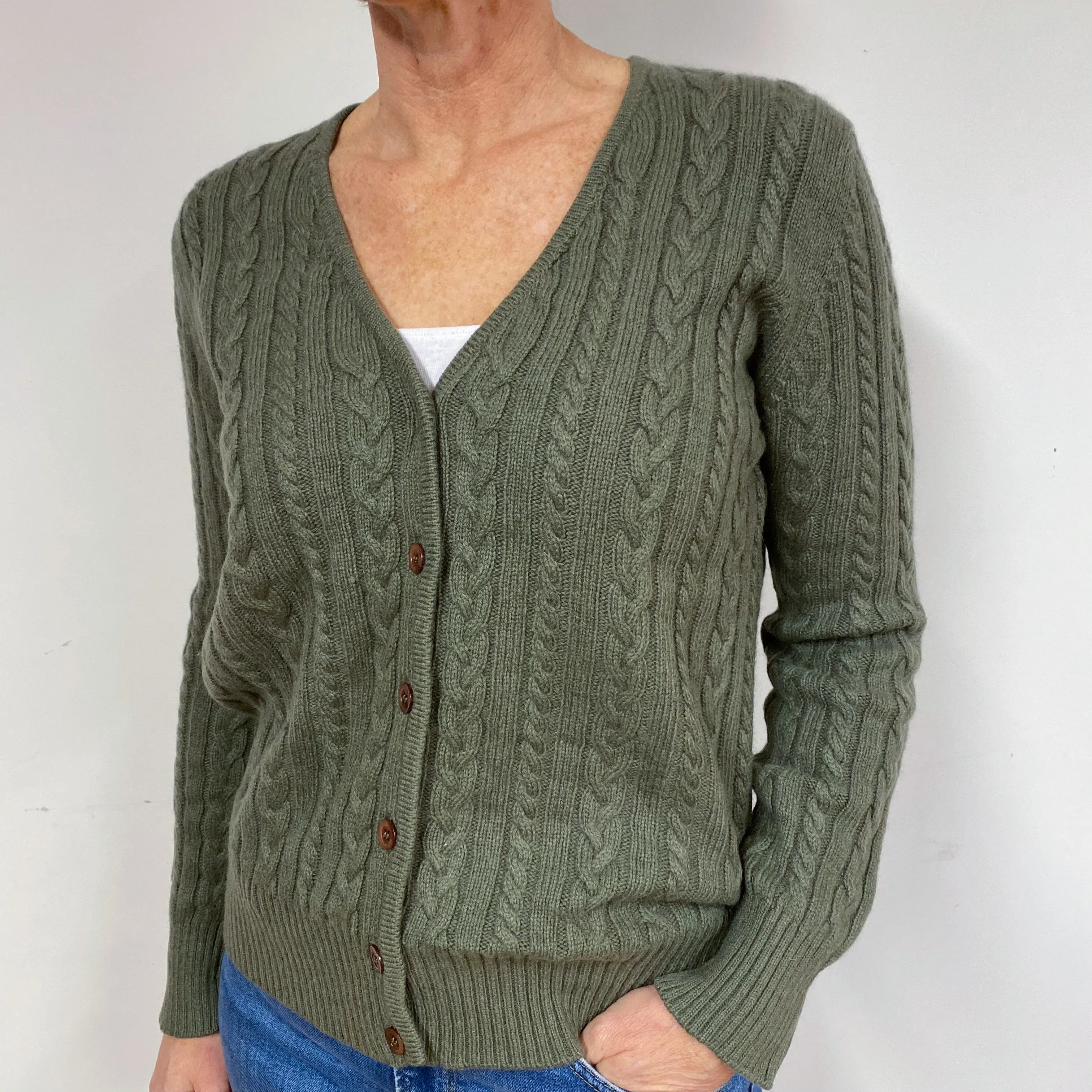 Chunky Khaki Green Cable Cashmere V-Neck Cardigan Medium