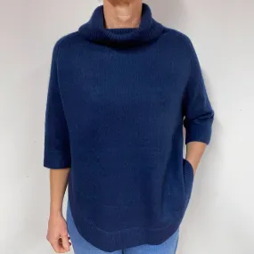 Chunky Navy Blue Cashmere Polo Neck Jumper Medium