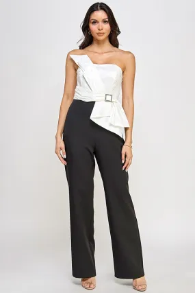 Color Block Strapless Pleated Sash Jumpsuit