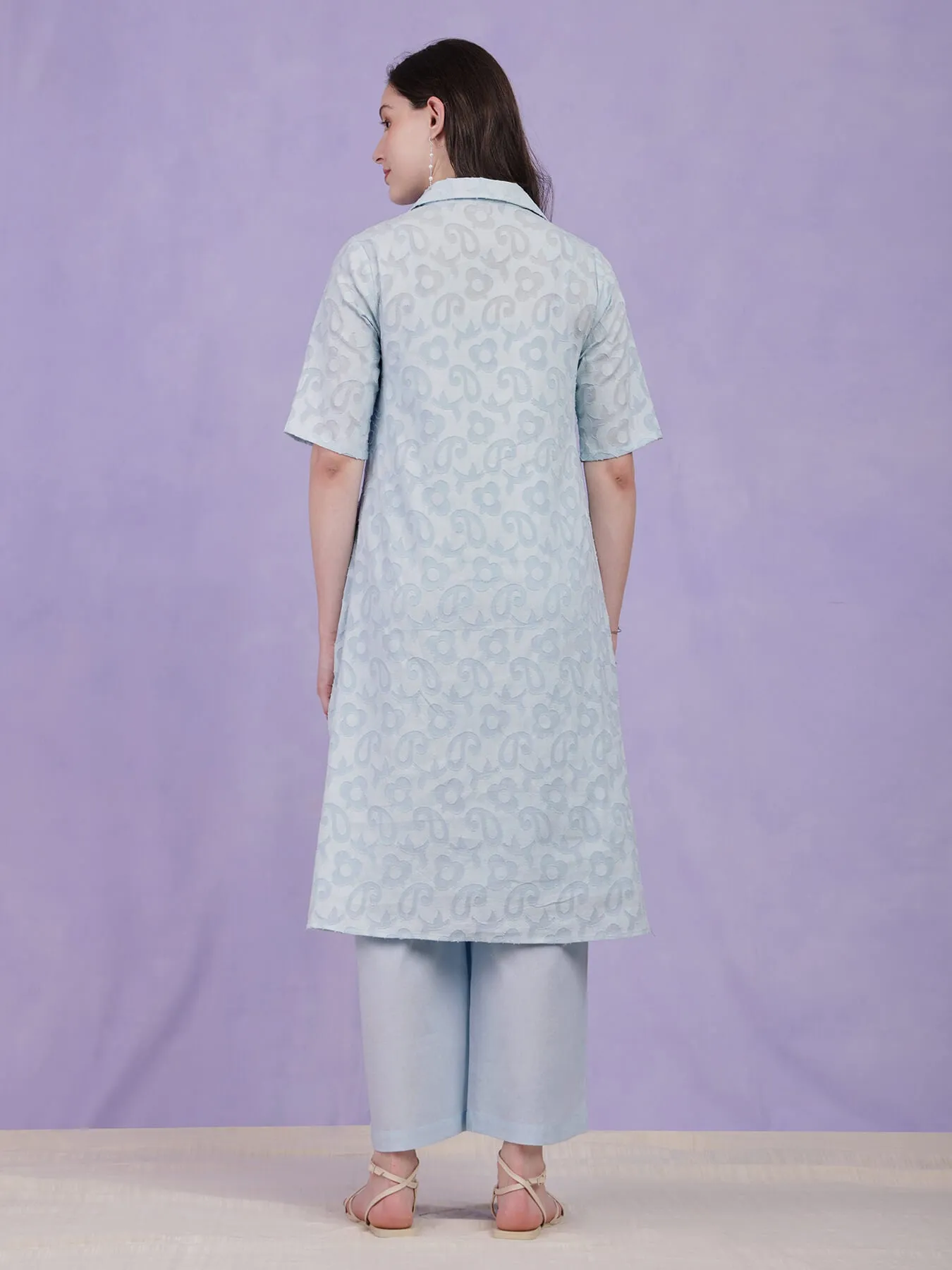 Cotton Jacquard Floral Kurta Set - Light Blue