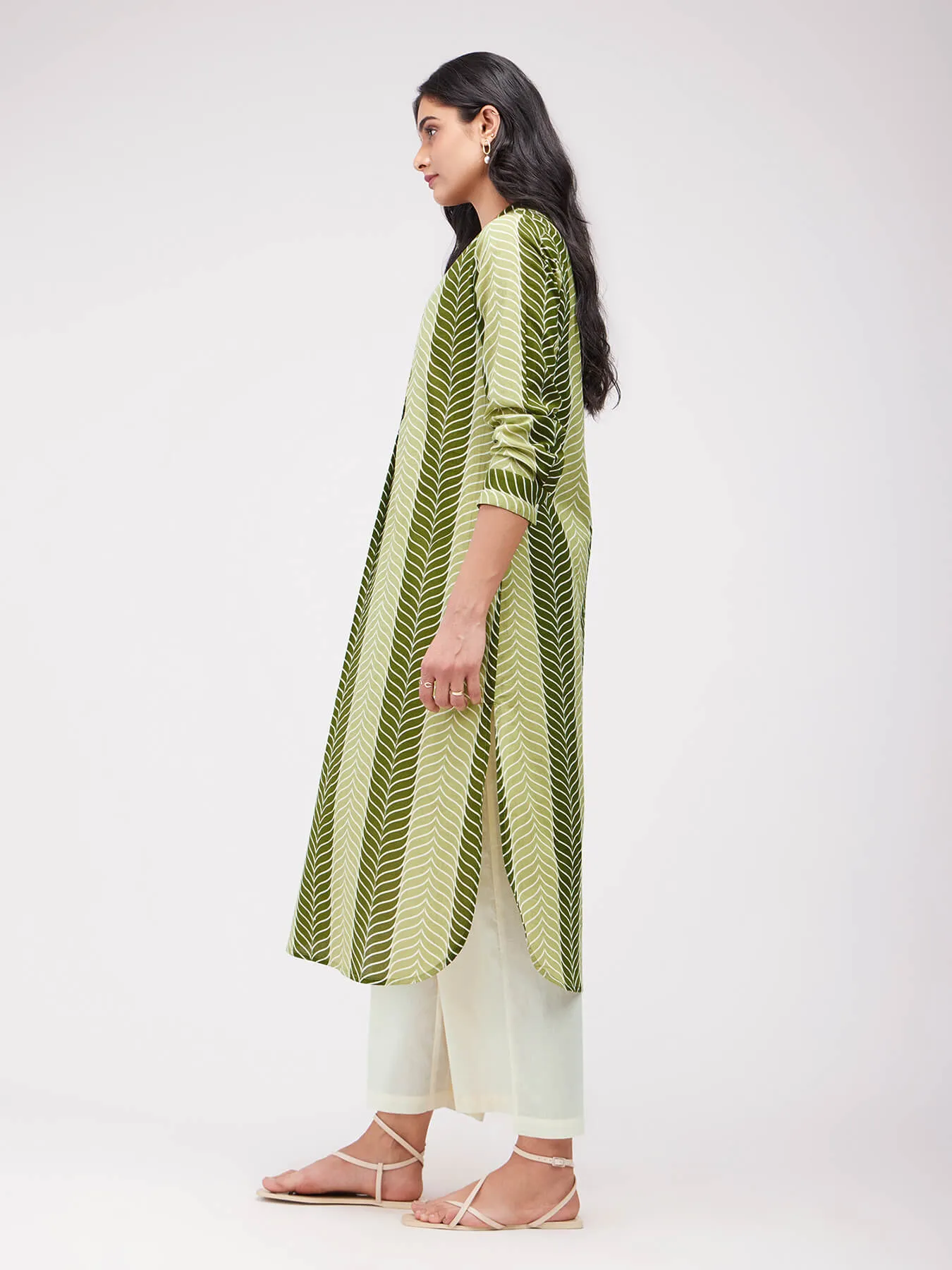 Cotton Leaf Striped Kurta Set - Olive