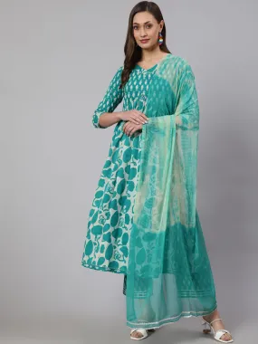Cotton Printed Ankle Length Flared 3/4 Sleeve V Neck Kurta, Pants With Dupatta Set