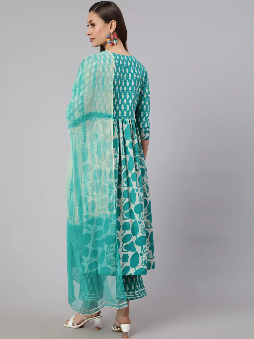 Cotton Printed Ankle Length Flared 3/4 Sleeve V Neck Kurta, Pants With Dupatta Set