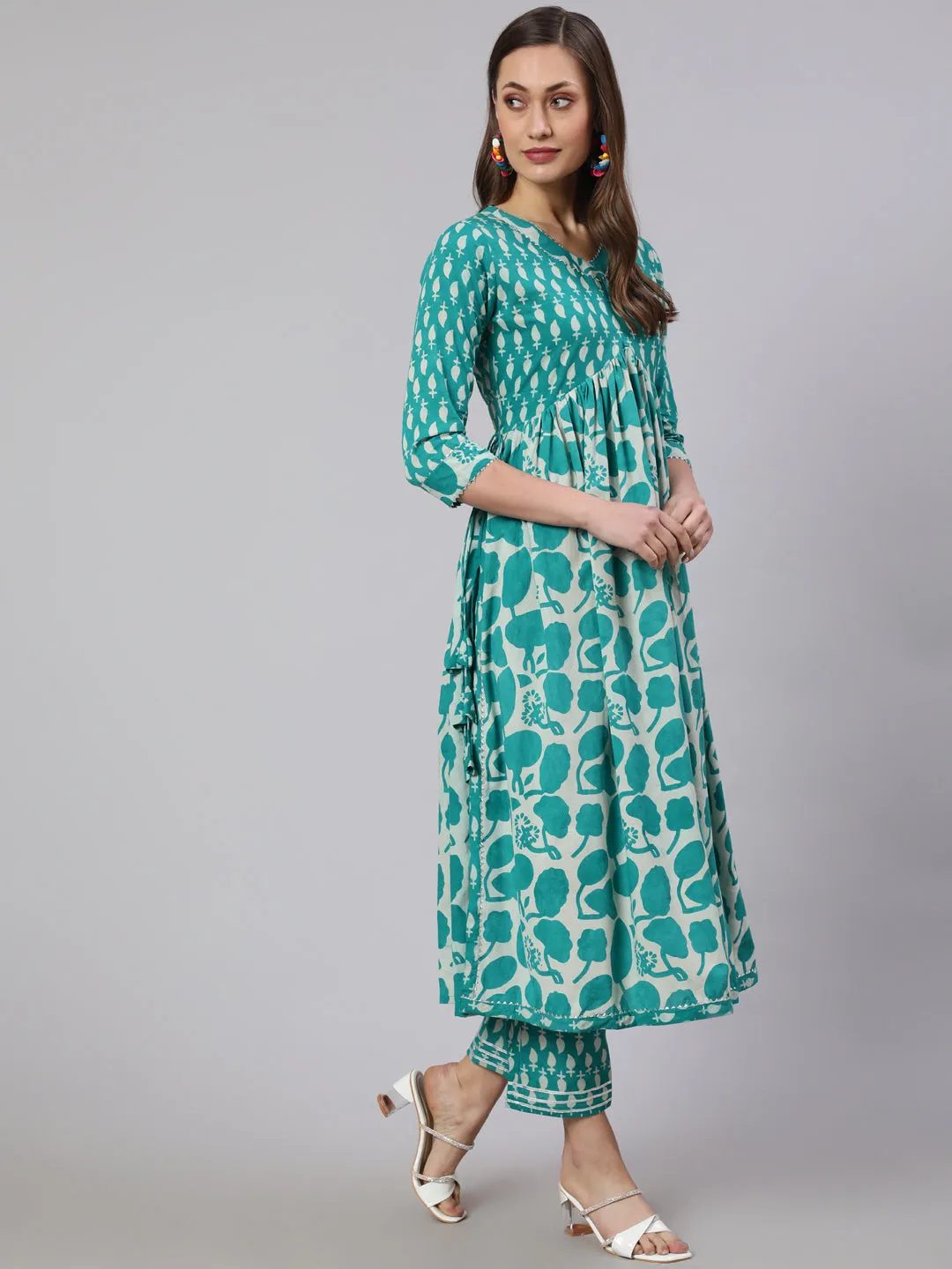 Cotton Printed Ankle Length Flared 3/4 Sleeve V Neck Kurta, Pants With Dupatta Set