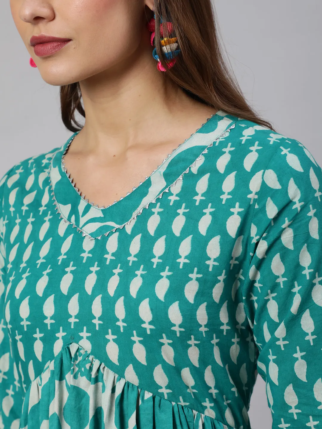 Cotton Printed Ankle Length Flared 3/4 Sleeve V Neck Kurta, Pants With Dupatta Set