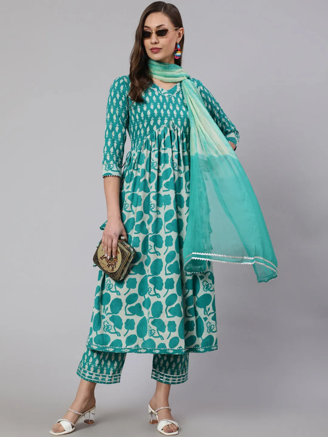 Cotton Printed Ankle Length Flared 3/4 Sleeve V Neck Kurta, Pants With Dupatta Set