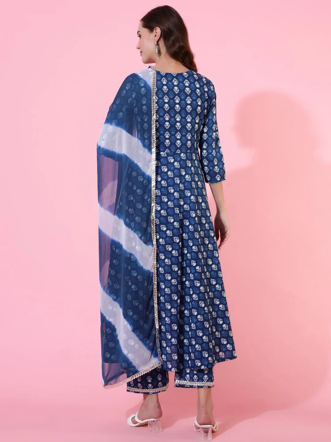 Cotton Printed Embroidered Ankle Length Flared 3/4 Sleeve Round Neck Kurta, Pants With Dupatta Set