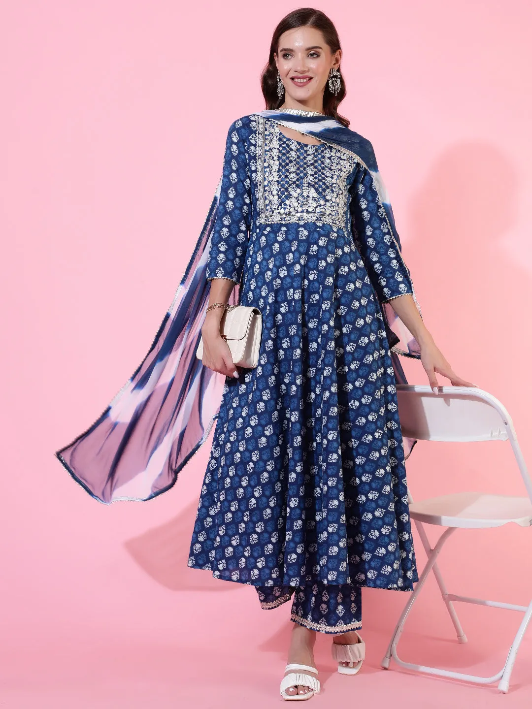 Cotton Printed Embroidered Ankle Length Flared 3/4 Sleeve Round Neck Kurta, Pants With Dupatta Set