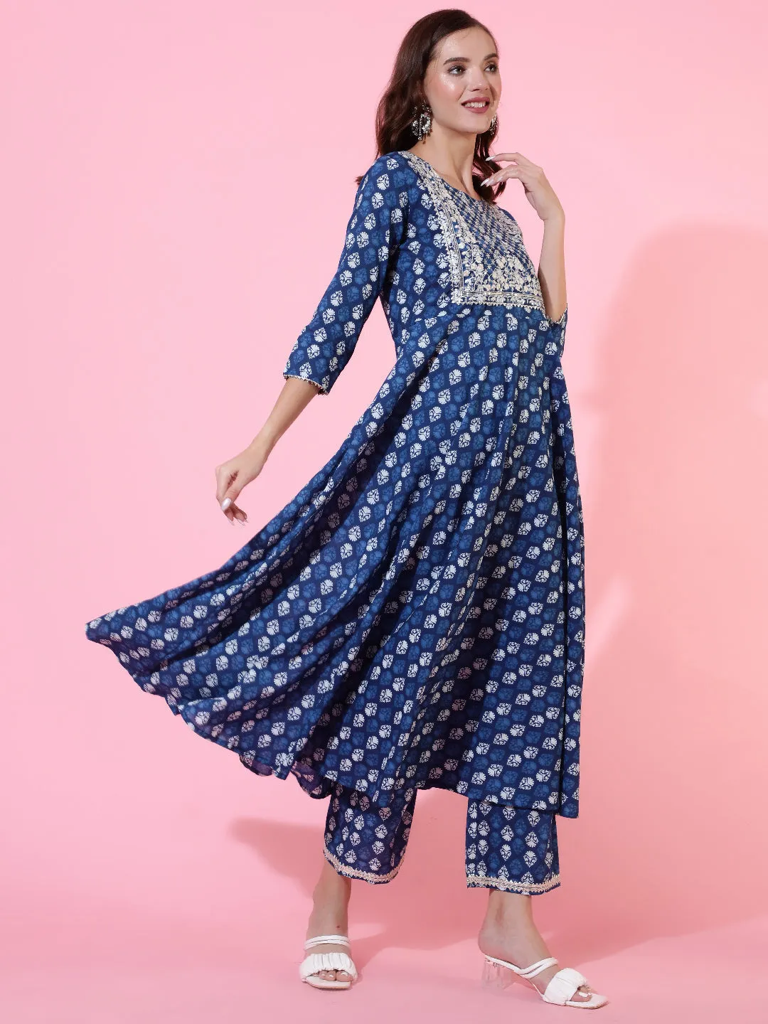 Cotton Printed Embroidered Ankle Length Flared 3/4 Sleeve Round Neck Kurta, Pants With Dupatta Set