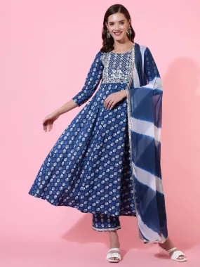 Cotton Printed Embroidered Ankle Length Flared 3/4 Sleeve Round Neck Kurta, Pants With Dupatta Set