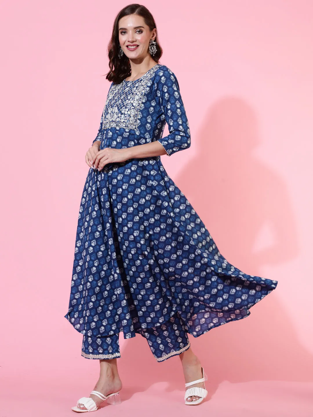 Cotton Printed Embroidered Ankle Length Flared 3/4 Sleeve Round Neck Kurta, Pants With Dupatta Set
