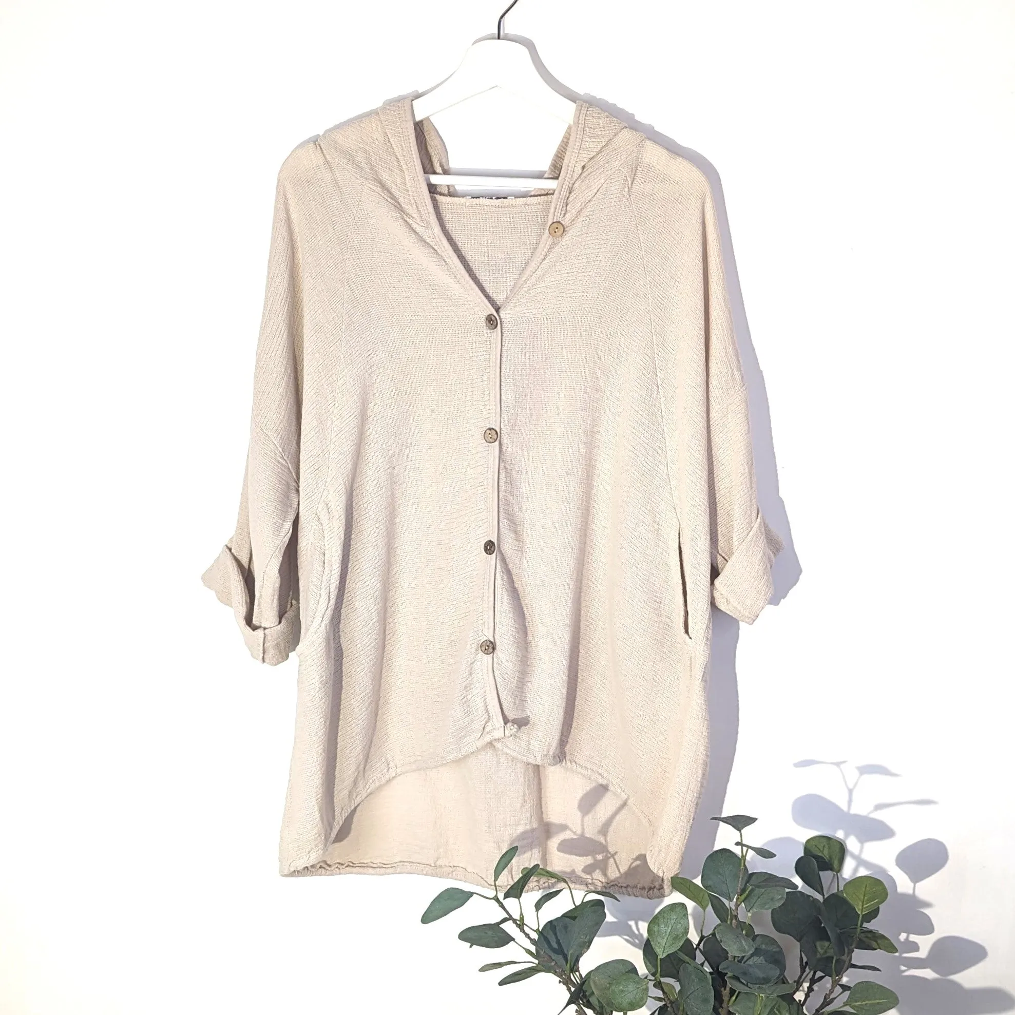 Cotton Summer hoodie with coco wood buttons and drawstring (S-M)