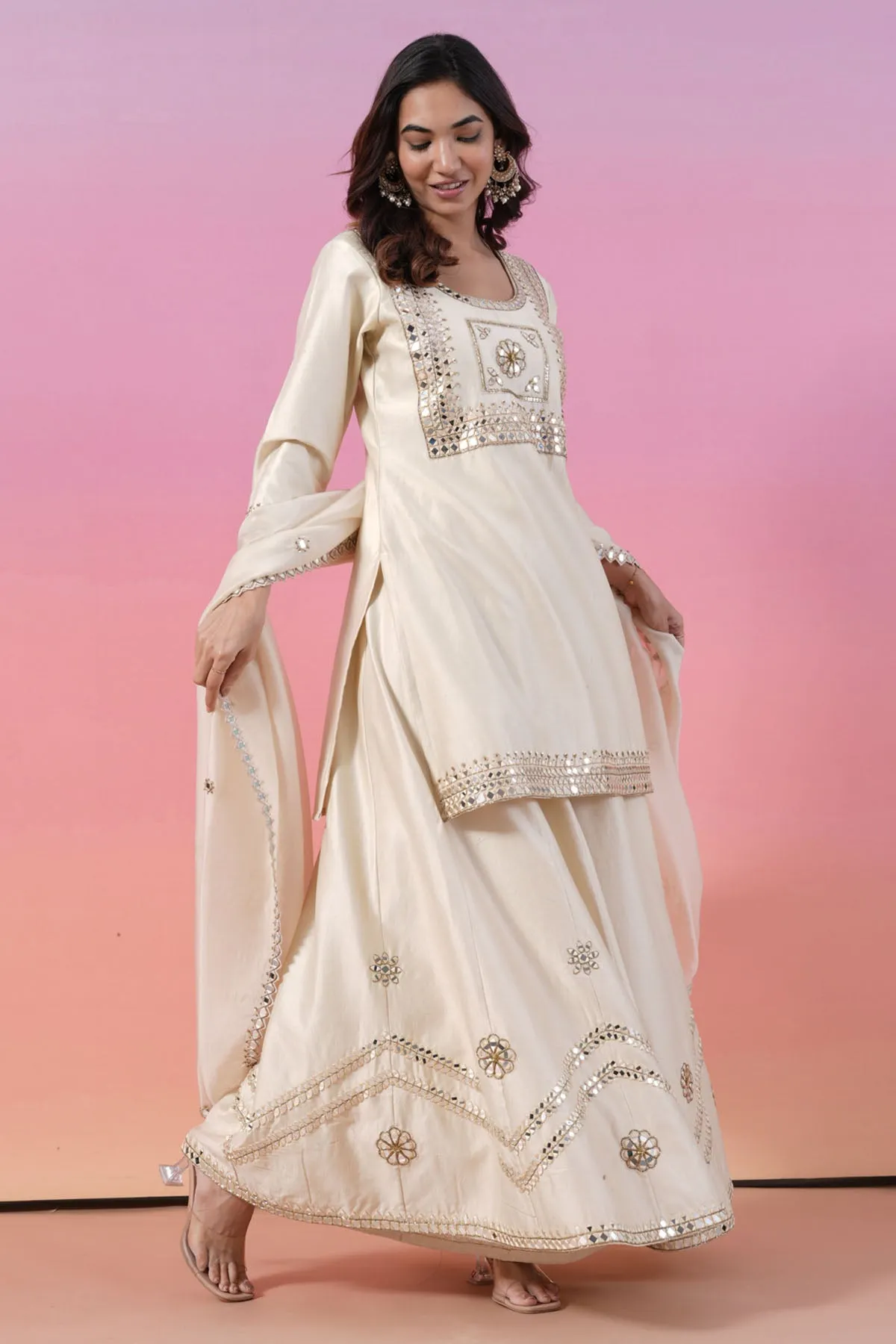 Cream Mirror Kurta Palazzo Set