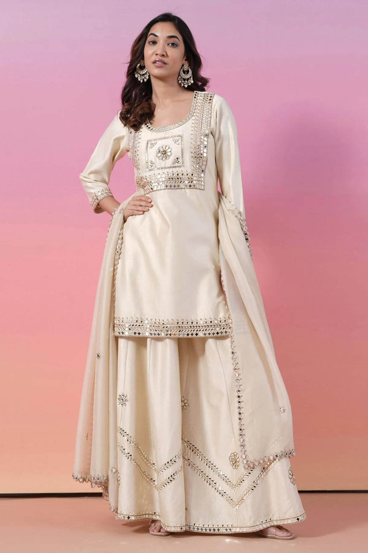 Cream Mirror Kurta Palazzo Set